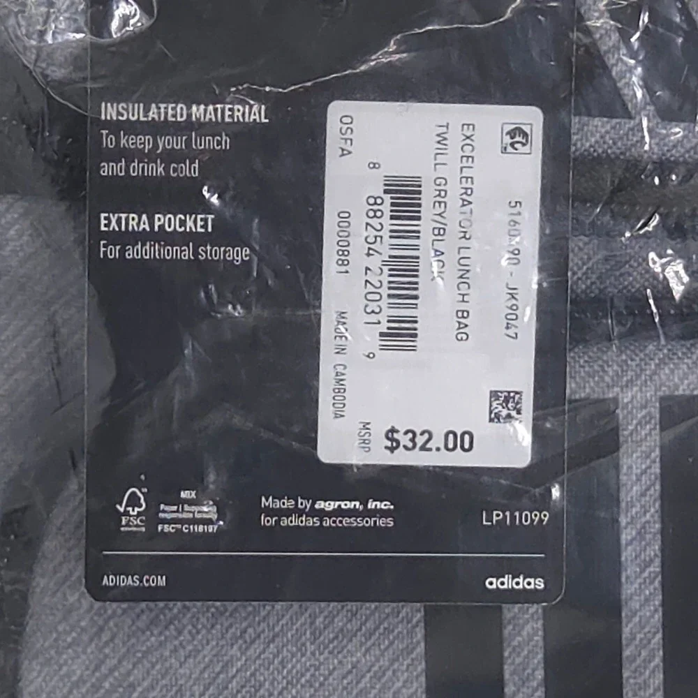 Adidas Excelerator Lunch Bag Unisex OSFA Grey Twill Insulated Sports School